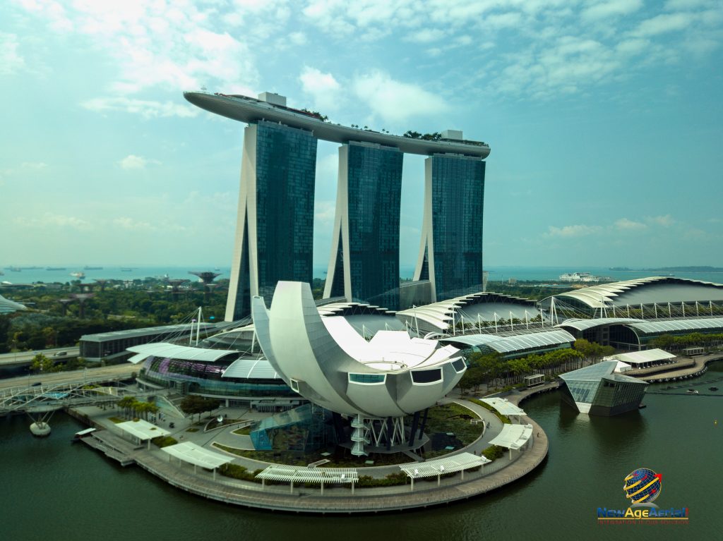 drone image from the bay looking toward the Marina Sands Resort